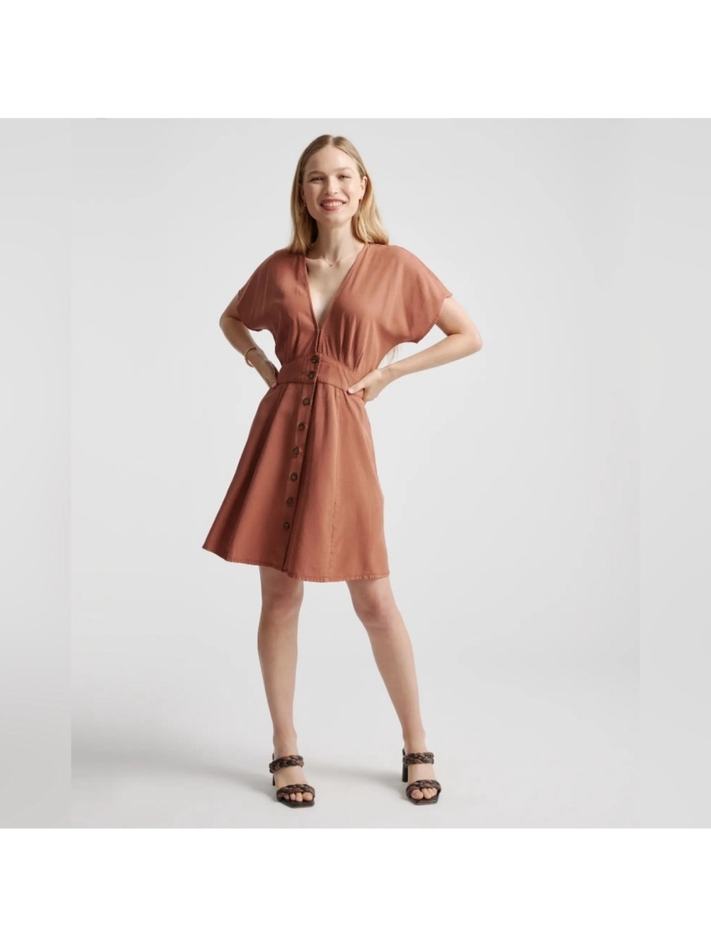 NWT Quince tencel vintage terracotta mini dress Rust Button-Front small